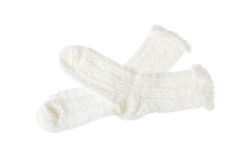 Pair of comfortable socks isolated on white, top view