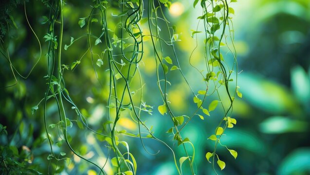 Lush green vines hanging in a tropical jungle with sunlight and blurred foliage in the background. Nature and plant life, concept. Vegetation and outdoor environment.