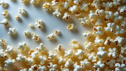 Close-up of fresh popcorn with light and shadow, scattered on a surface. Snack food, characteristic texture. The concept of popcorn and snack presentation.