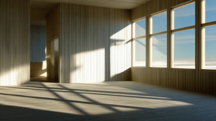Empty room with large windows and light wood paneling.