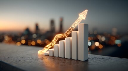 Business Growth Graph with Increasing Bar Chart and Upward Arrow in Sunset Background