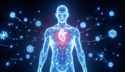 Human Body with Highlighted Heart and Surrounding Data Nodes