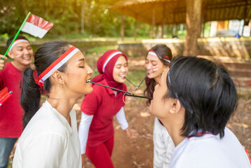 Portrait of  Indonesian southeast asian people celebrate Indonesia Independence Day on the 17th of...