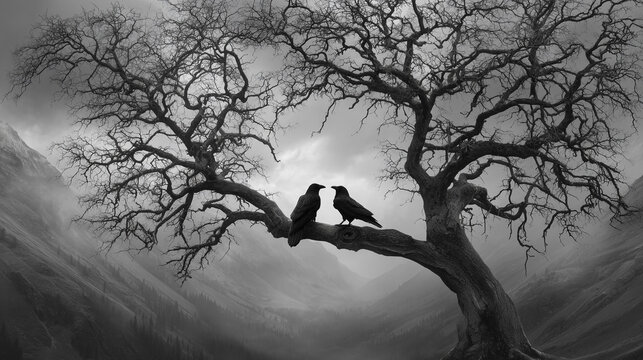 A black and white, Gothic-style tree with two ravens perched on its branches, set against a dark fantasy, foggy mountain background.