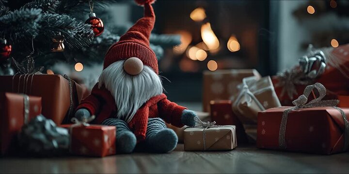 A cute Christmas gnome in a red hat stretches its arms as if sleepy, surrounded by wrapped gifts under a decorated tree with a glowing fireplace in the background. Cozy holiday atmosphere.