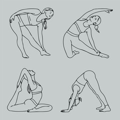 Line Art Illustration of Woman Performing Four Different Yoga Poses for Health and Wellness with a Minimalist Aesthetic