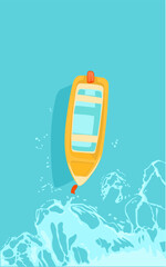 Small yellow boat on blue background sea water. Vertical view