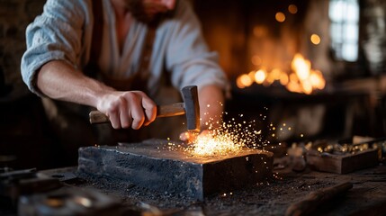 Artisan blacksmith crafting metalwork in a traditional forge with sparks flying in the warm glow of the fire