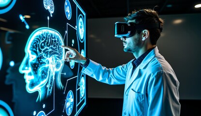 Researcher using VR headset to interact with a digital brain model