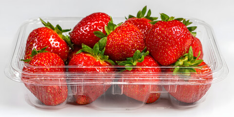 Strawberry in a plastic container is showcased against a white background. This image features strawberries in a clear punnet, providing a closeup front view of fresh strawberries.