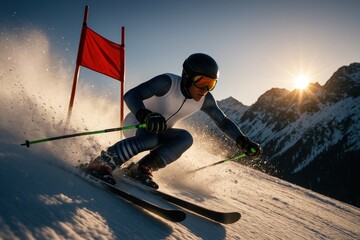 Photorealistic alpine skier carving tight turn around slalom gate with flying snow under mountain light. Concept of precision, speed, control, and elite winter sports performance.