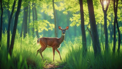 Fototapeta premium Deer standing in a lush green forest with sunlight filtering through the trees. Nature, wildlife, and forest environment.