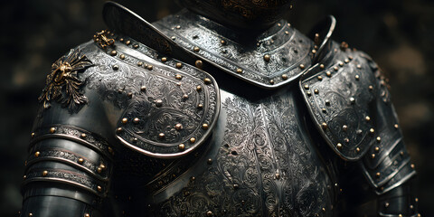 Ancient metal armor showcasing the formidable style of the medieval knight. This medieval knight armor concept evokes the essence of epic battles and can serve as a backdrop for text.