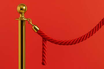 Luxury red velvet rope barrier with shiny gold stanchion pole on vibrant red background, exclusive VIP access concept, elegant event security decor, premium entrance divider for gala or ceremony

