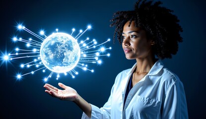 Scientist presenting a glowing Earth with interconnected nodes, symbolizing global connectivity.