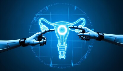 Robotic hands holding a glowing light bulb within a circular holographic interface