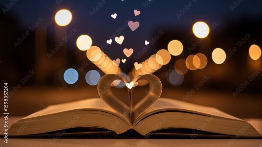 Poster open book forming heart shape with soft bokeh background and floating heart icons