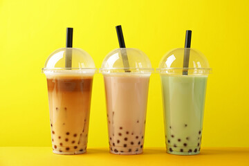 Tasty milk bubble tea in plastic cups on yellow background