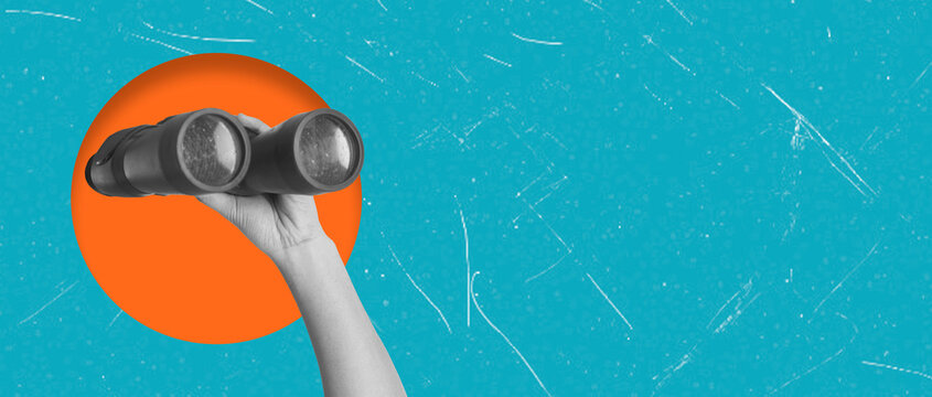Art collage, A hand holding binoculars against a bright background symbolizes exploration and observation.