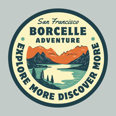 Adventure badge explore more discover more mountain lake illustration.