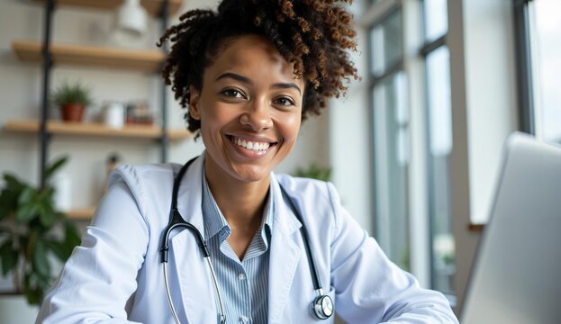 A smiling healthcare professional with a stethoscope, working on a laptop in a bright office.