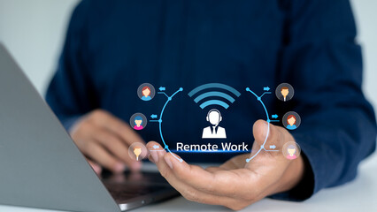 Virtual network of a remote work team with business icons and wireless connection. Concept of online collaboration, work from home, and digital teamwork.