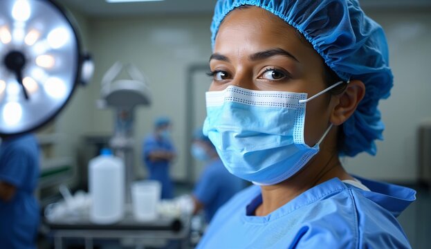 Medical professional in surgical attire standing in an operating room environment.