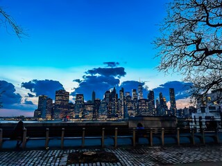 View of New York in the evening at sunset under a blue sky	
