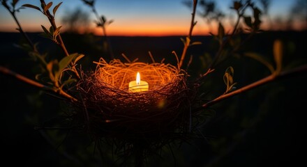 A glowing candle burns in a bird’s nest at sunset, surrounded by feathers and magical light trails in a surreal, dreamlike twilight scene.