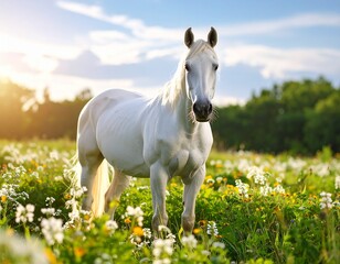 Cheerful White Horse in Green Pasture with Wooden Fence and Wildflowers