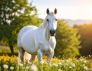 Cheerful White Horse in Green Pasture with Wooden Fence and Wildflowers
