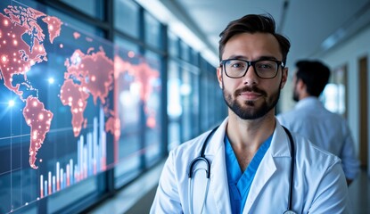 Medical professional in a lab coat stands confidently in a hallway with a digital world map displaying health data in the background.