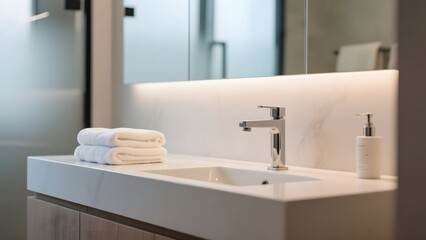Modern Bathroom Sink with Neatly Folded Towels and Minimalist Design