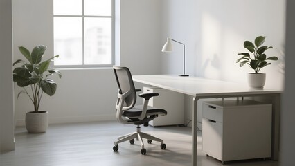 Modern minimalist office setup with a desk, chair, and plants in a bright room