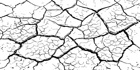 A stark, high-contrast, black and white close-up of severely cracked earth, showing a network of deep fissures and irregular polygons. The texture emphasizes the dryness and desolation of the ground.