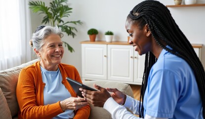 Caregiver assisting an elderly woman with a tablet in a cozy living room setting