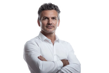 Full length business portrait of confident businessman. Entrepreneur in white shirt, Serious mid adult, mature age man standing, isolated on white background.