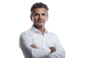 Full length business portrait of confident businessman. Entrepreneur in white shirt, Serious mid adult, mature age man standing, isolated on white background.