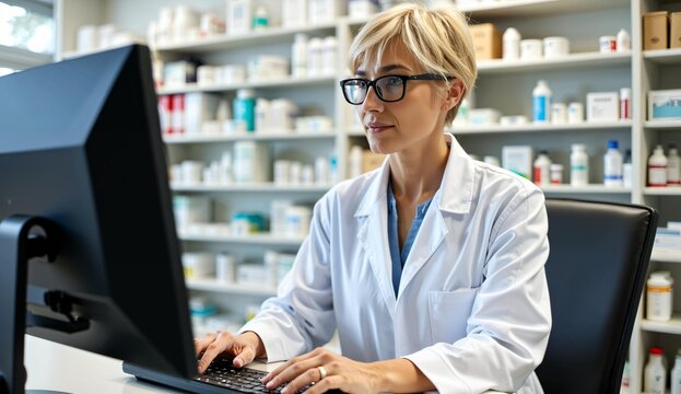 Pharmacist working on a computer in a well-stocked pharmacy