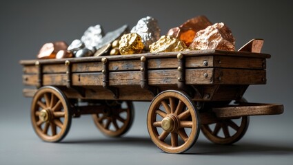 A wooden cart loaded with various colored rocks.