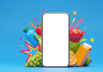 Smartphone with a blank white screen, surrounded by fruits. In the background against a bright blue backdrop.