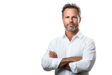 Full length business portrait of confident businessman. Entrepreneur in white shirt, Serious mid adult, mature age man standing, isolated on white background.