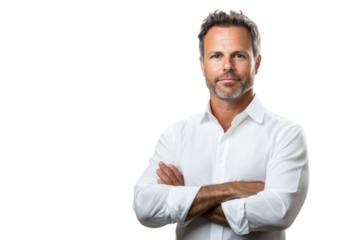 Full length business portrait of confident businessman. Entrepreneur in white shirt, Serious mid adult, mature age man standing, isolated on white background.