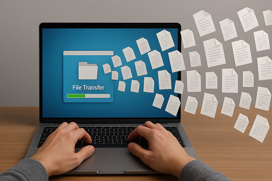 Hands on laptop keyboard with file transfer progress screen, digital documents flying across, secure data transmission, file sharing process, cloud sync, online backup and digital storage system conce