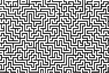 Seamless black and white geometric maze pattern, abstract optical labyrinth background, modern line art puzzle design, hand drawn complex routing grid, minimal graphic decorative texture illustration
