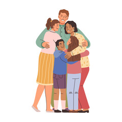 Smiling mom and dad, son and daughters hugging. Vector isolate mother, father and kids embracing. Happy family relationship, love and support. Cheerful cartoon characters, care and bonding team