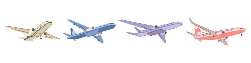 Flying passenger plane in sky. Vector in flat style, isolated set of aviation transport for traveling and commuting. Flight, landing or taking off, airbus design, airliner or aeroplane design © Sensvector
