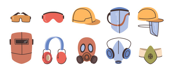Respiratory equipment for construction or manufactory workers. Vector in flat style, isolated set of safety items for eyesight and hear. Helmet with protective film, mask and googles, headphones