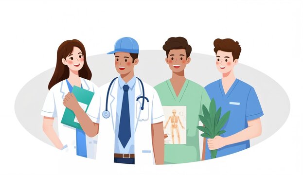 Group of healthcare professionals in diverse roles, including doctors and nurses, holding medical tools and documents.