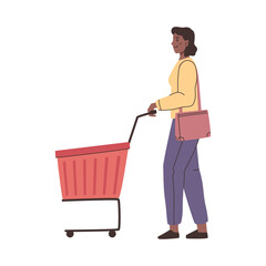 Female character choosing and selecting food and products in grocery store. Vector in flat style, isolated woman with trolley in hypermarket or supermarket looking for food or goods in shop